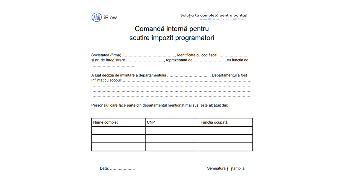 Model comandă internă scutire impozit programatori