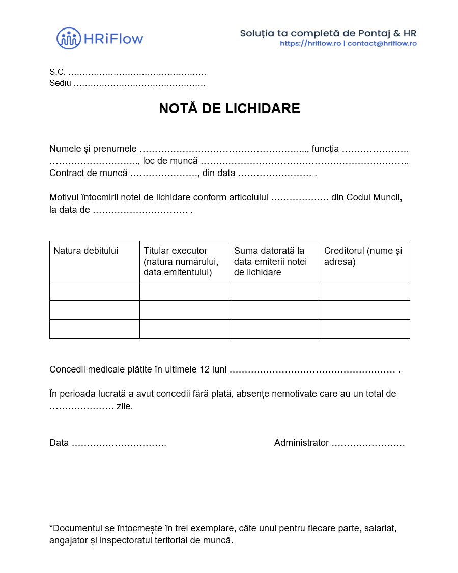 model gratuit notă de lichidare