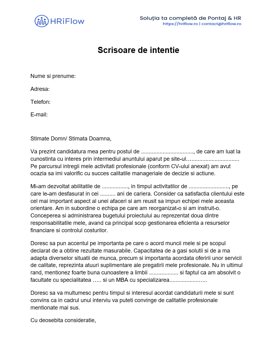 model gratuit scrisoare de intenție