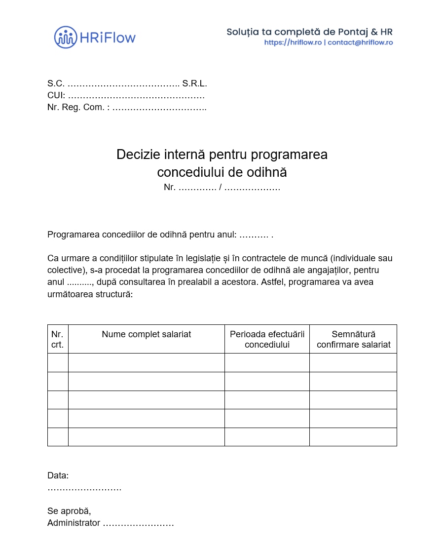 model gratuit de decizie internă pentru programarea concediului de odihnă