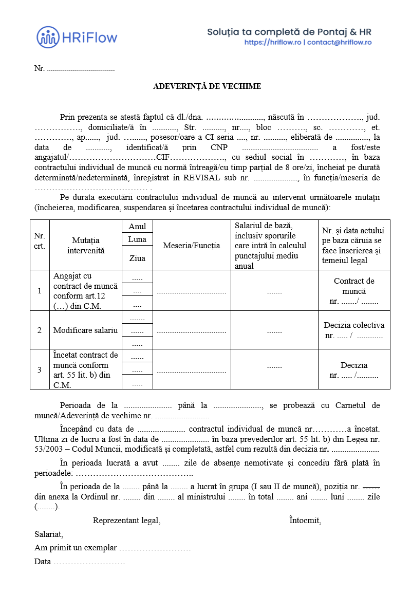 model gratuit adeverință de vechime în muncă