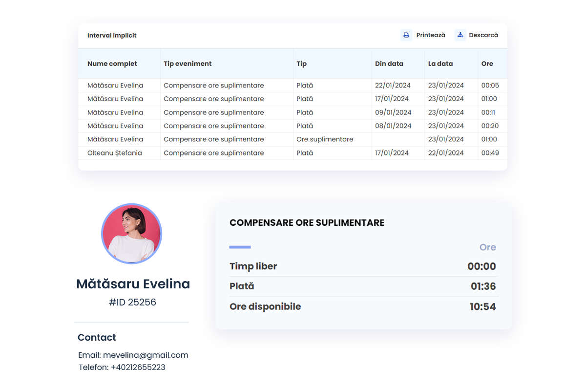 profil ore compensate HRiFlow app Imagine ilustrând orele suplimentare ale unui angajat în aplicația HRiFlow