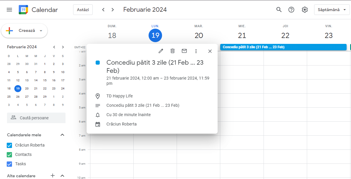 Imagine cu un eveniment de concediu plătit din aplicație integrat în calendarul Google