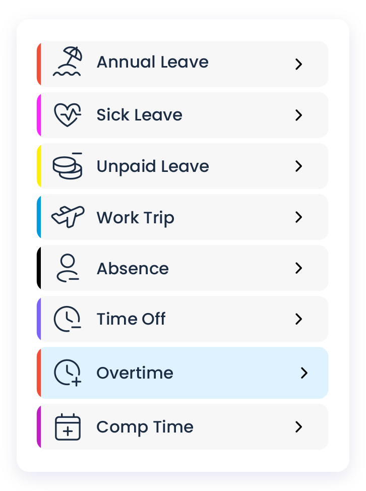 work schedule add overtime image illustrating the event types in HRiFlow Kiosk