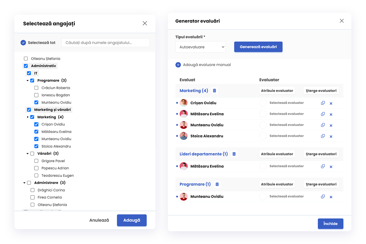 genereaza autoevaluare HRiFlow imagine ilustrând procesul de generare a unei sesiuni de evaluări în iPR by HRiFlow, soft evaluare angajați