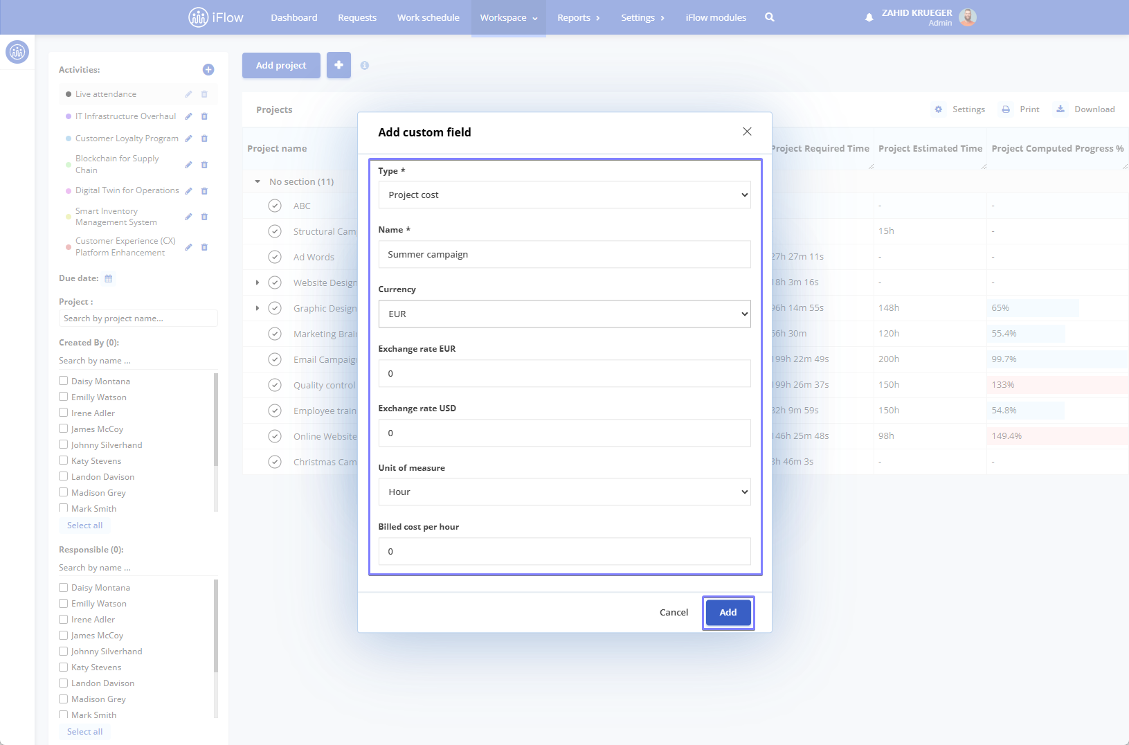 image illustrating how to set project costs in HRiFlow - step 1