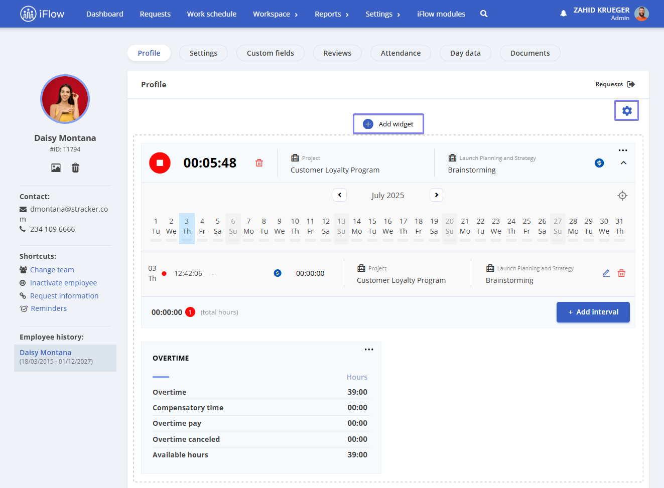 image illustrating how to add the project time tracking widget from the employee profile