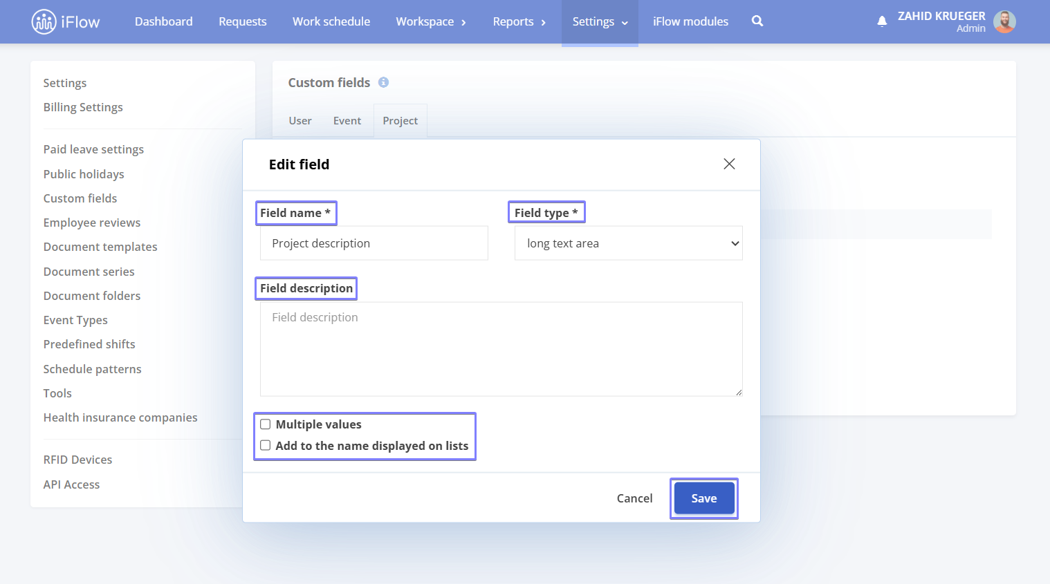 image illustrating how to create a custom field for projects in HRiFlow app - step 2