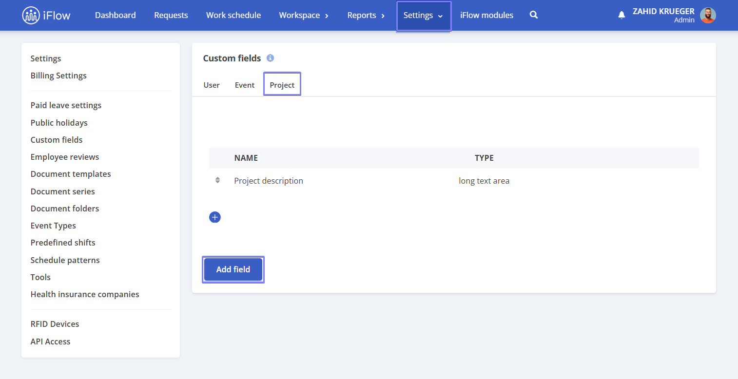 image illustrating how to create a custom field for projects in HRiFlow app - step 1