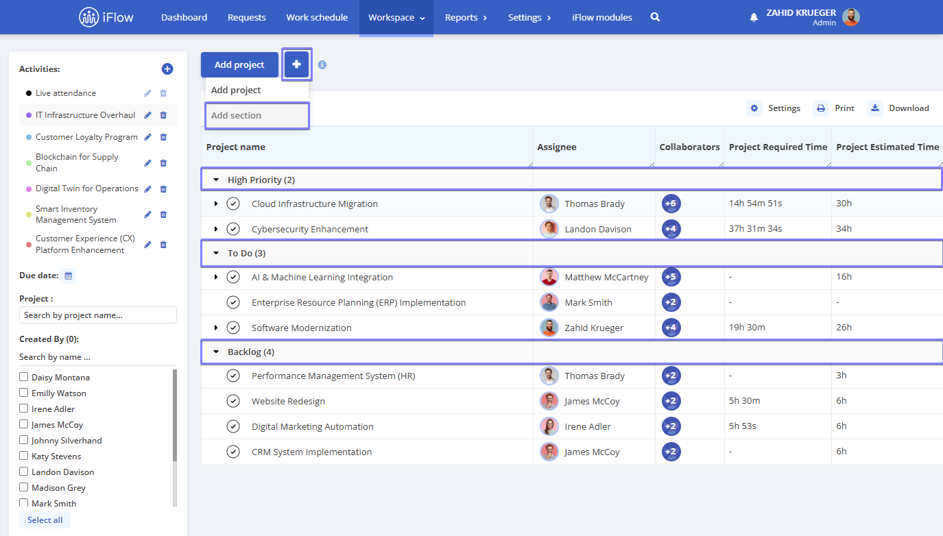 picture illustrating how to create a section for a project in HRiFlow app
