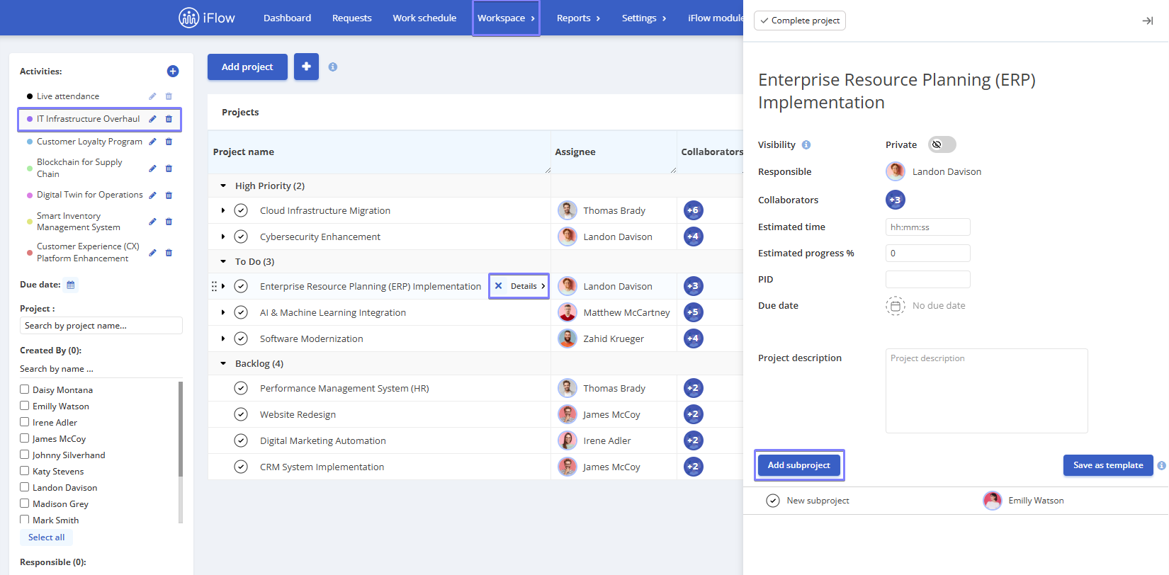 image illustrating how to create a subproject in the HRiFlow app