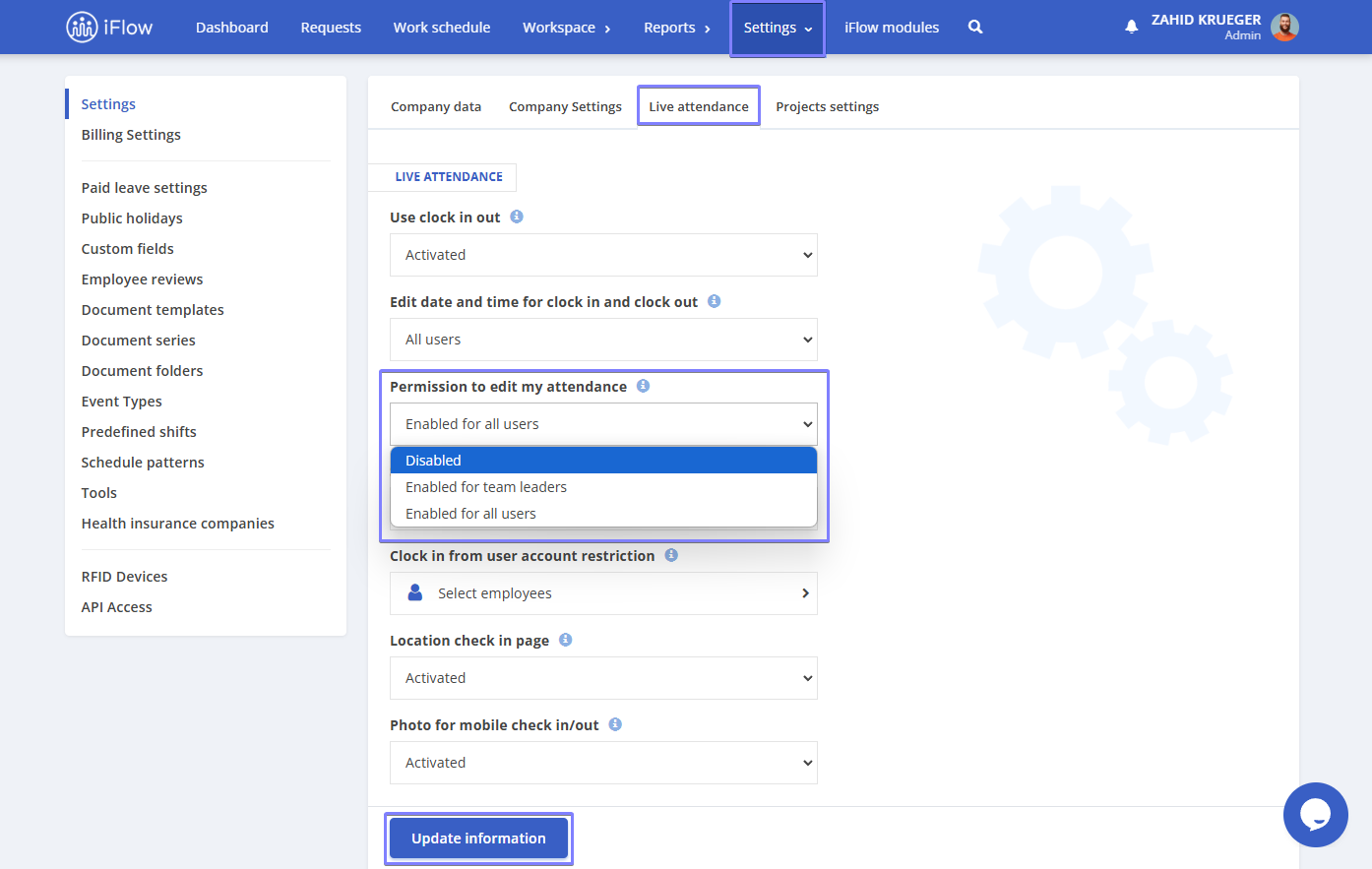 image illustrating how to enable permission to edit work time in HRiFlow app