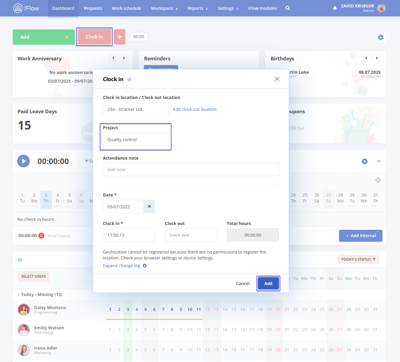image illustrating how to record time on projects in HRiFlow app