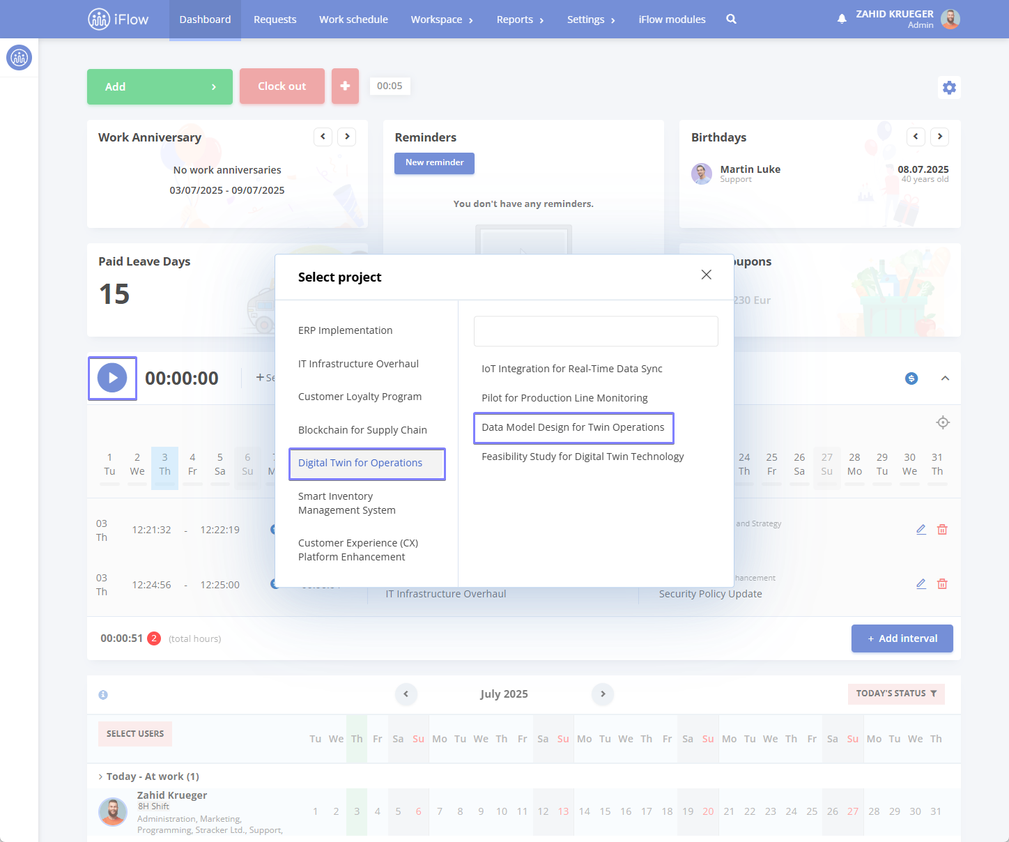 image illustrating how to record work time on projects in HRiFlow - step 1