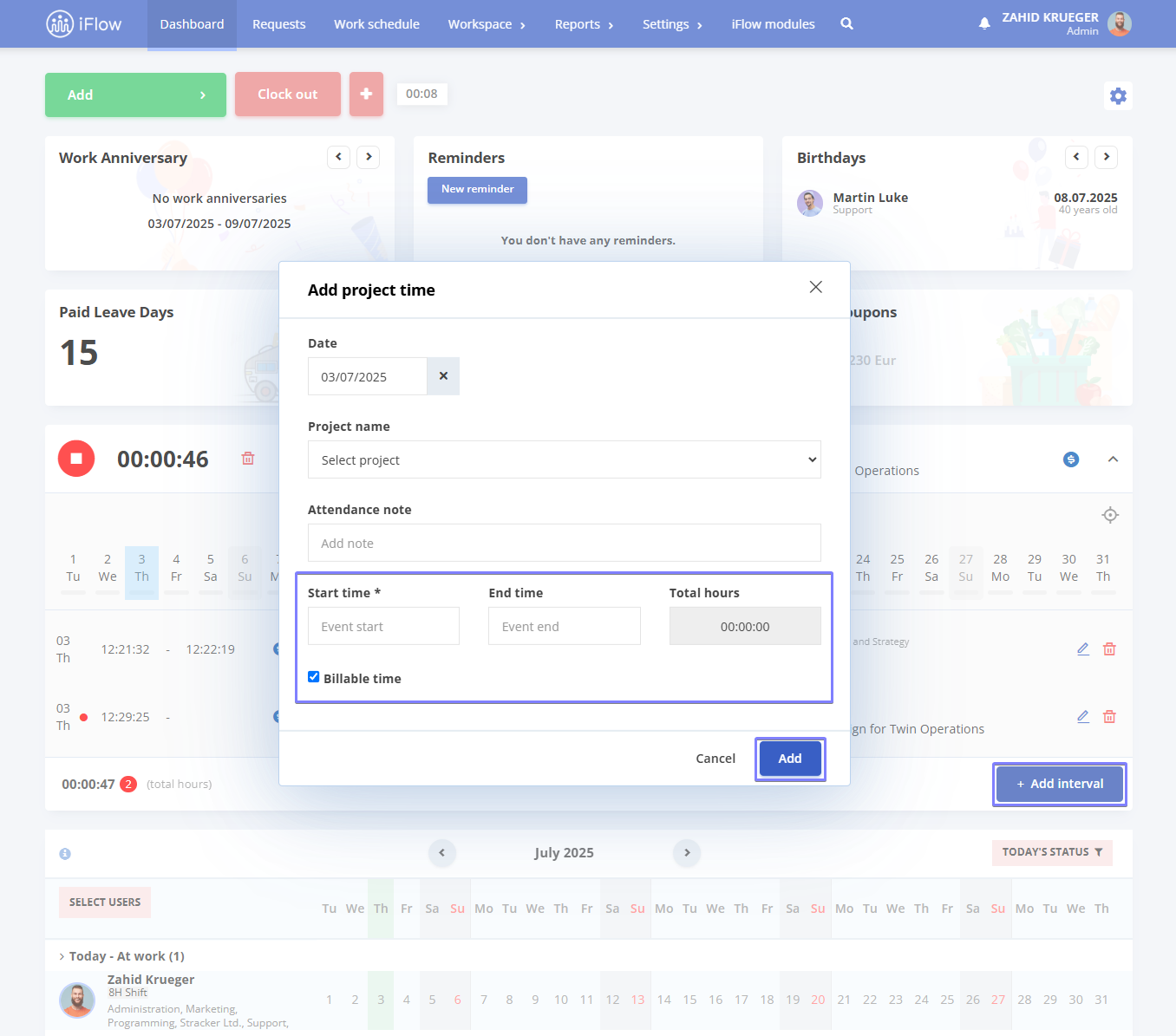 image illustrating how to record work time on projects in HRiFlow - step 1