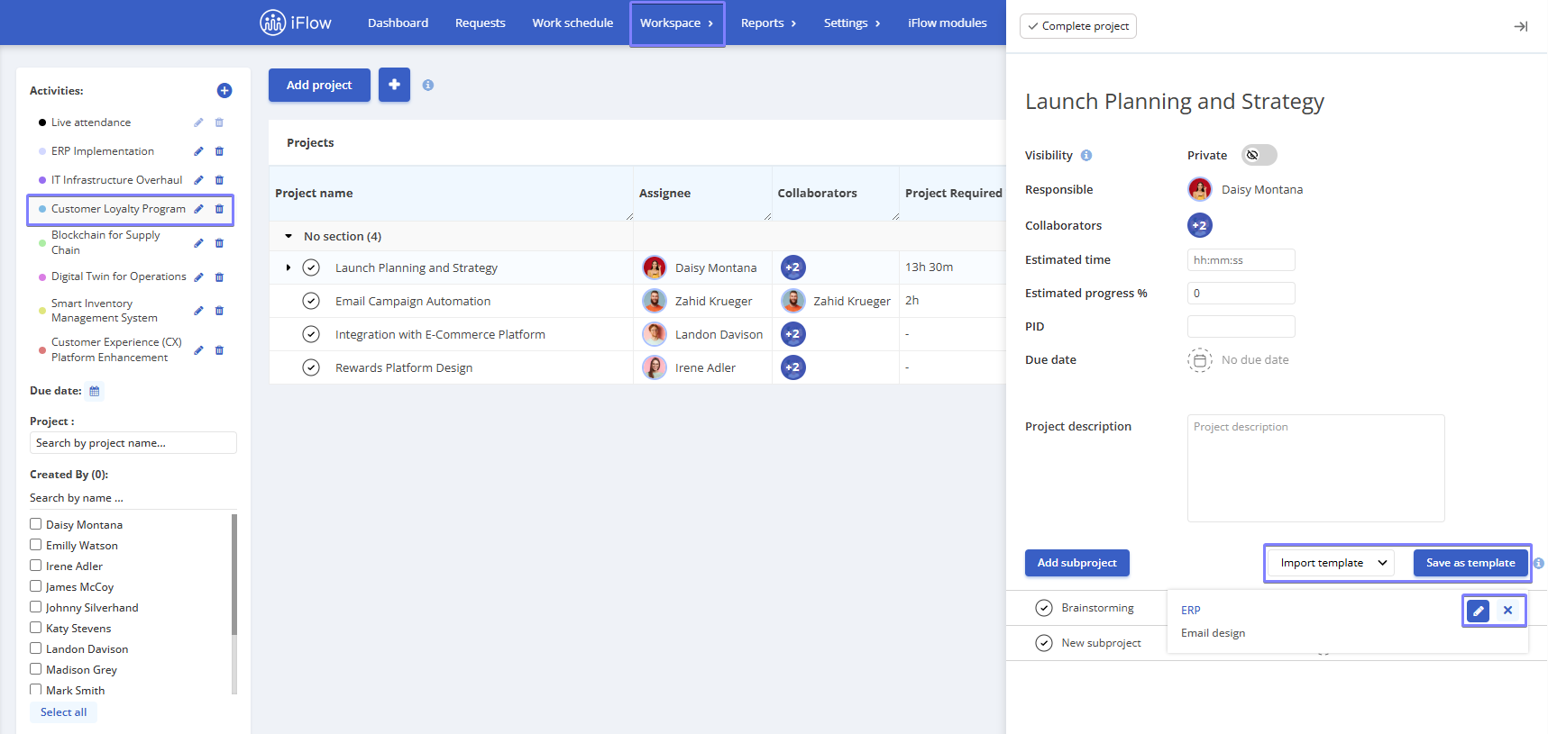 image illustrating how to save projects as a template in HRiFlow app