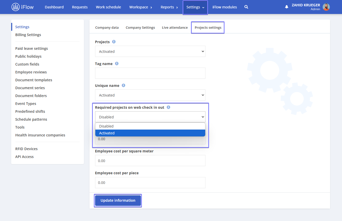 image illustrating how to set a mandatory project for time tracking in the HRiFlow app