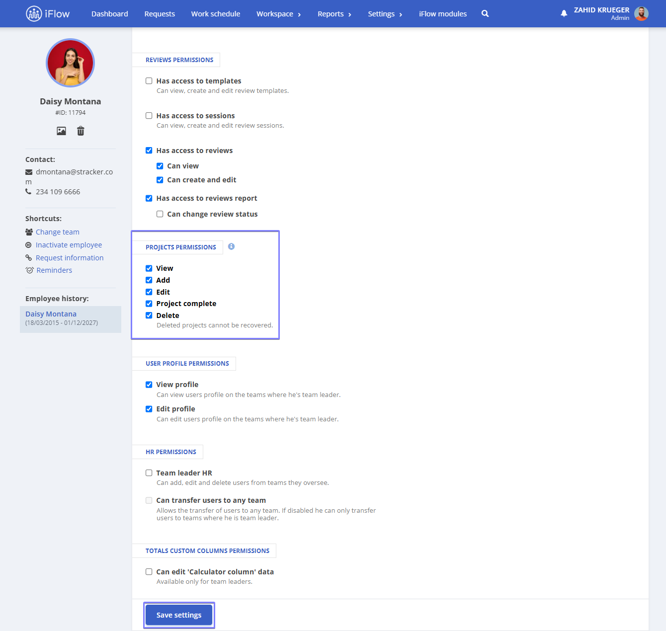 project permissions in HRiFlow app