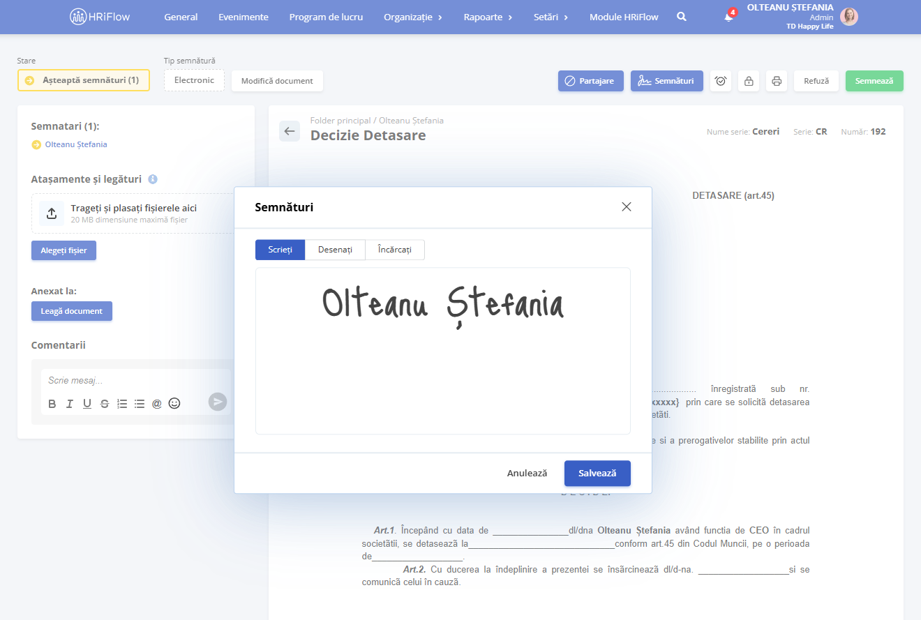 semnătura electronică a angajatei Olteanu Ștefania în HRiFlow