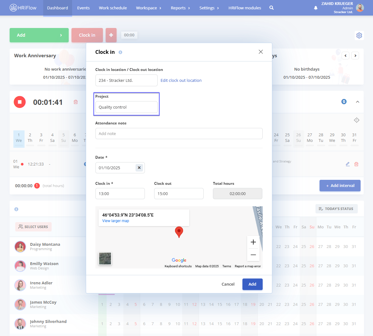 clock in on a project in HRiFlow