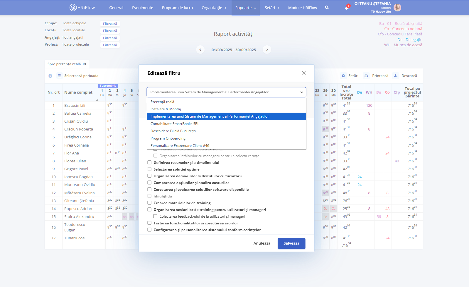editare filtru raport activități proiecte în HRiFlow