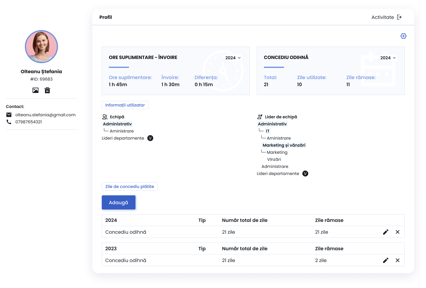 profil-cont gestionarea profilului angajatului în HRiFlow, o aplicație de resurse umane și pontaj