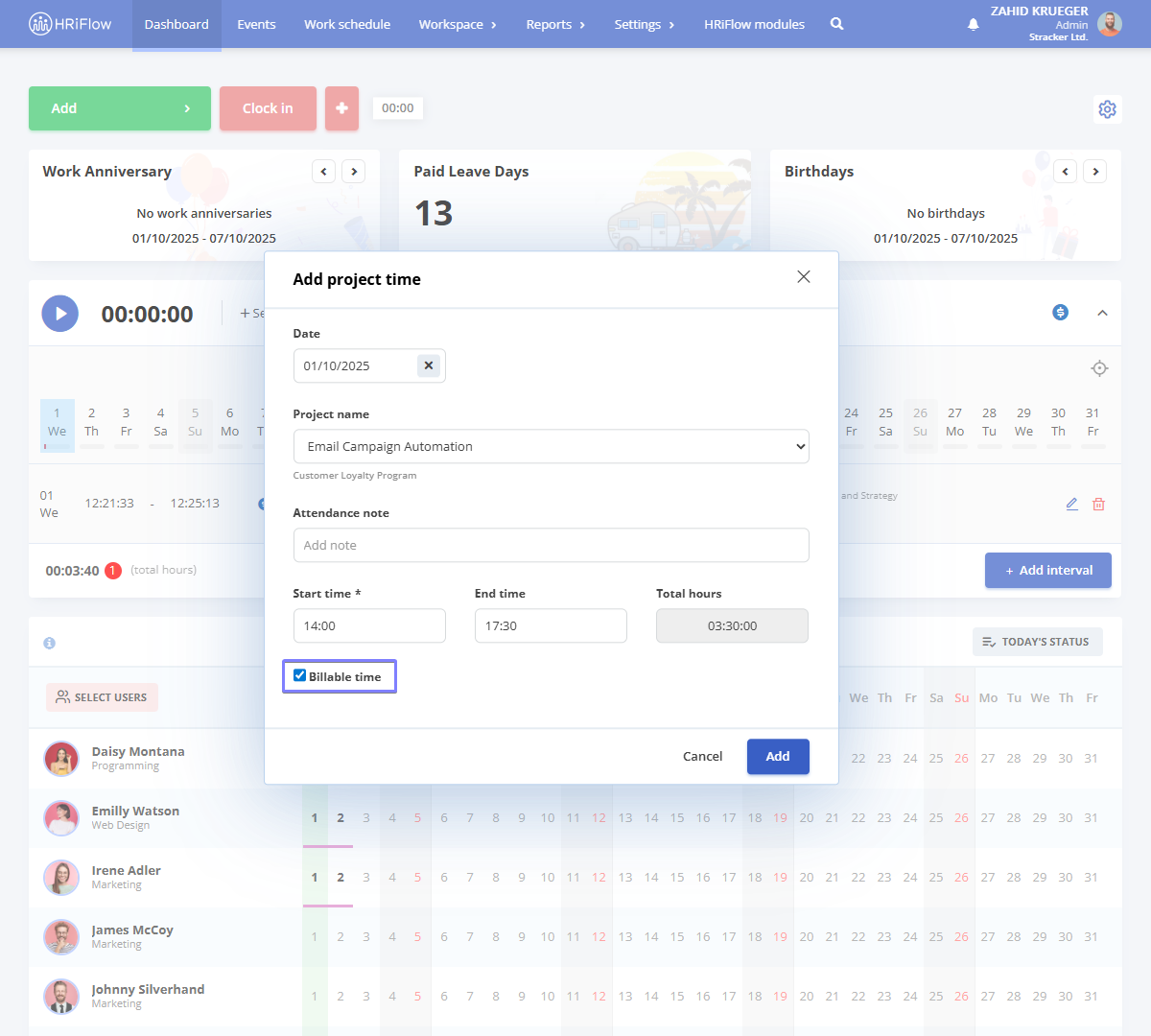 select project as billable in HRiFlow