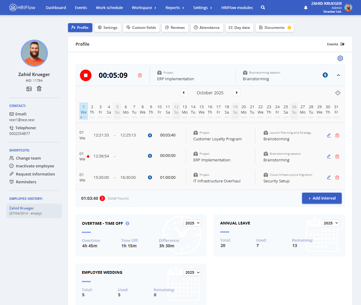 widget for projects in HRiFlow, profile section