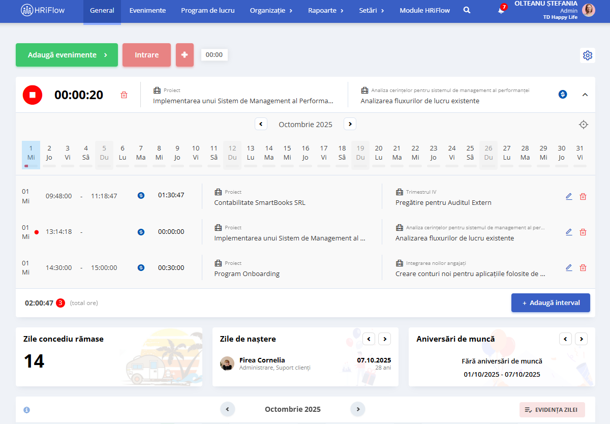 widget panou general HRiFlow proiecte