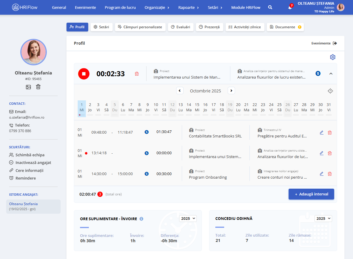 widget proiecte în profilul angajatului HRiFlow