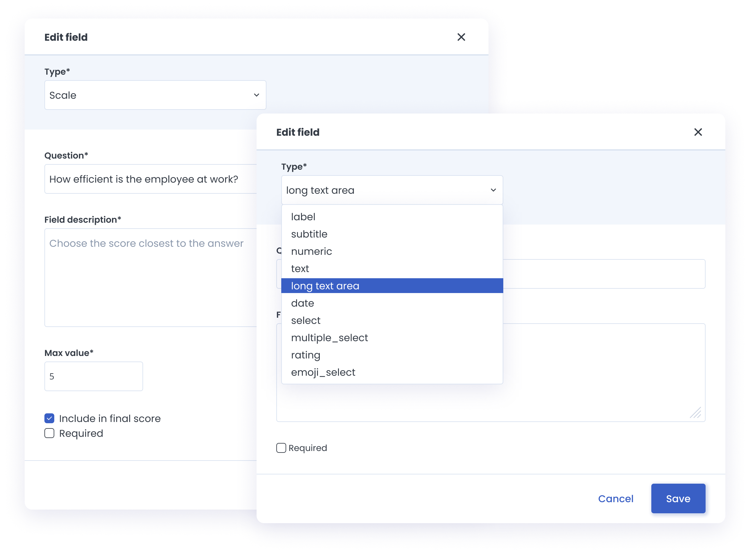 New En different types of questions the different types of questions available in the performance reviews module in HRiFlow