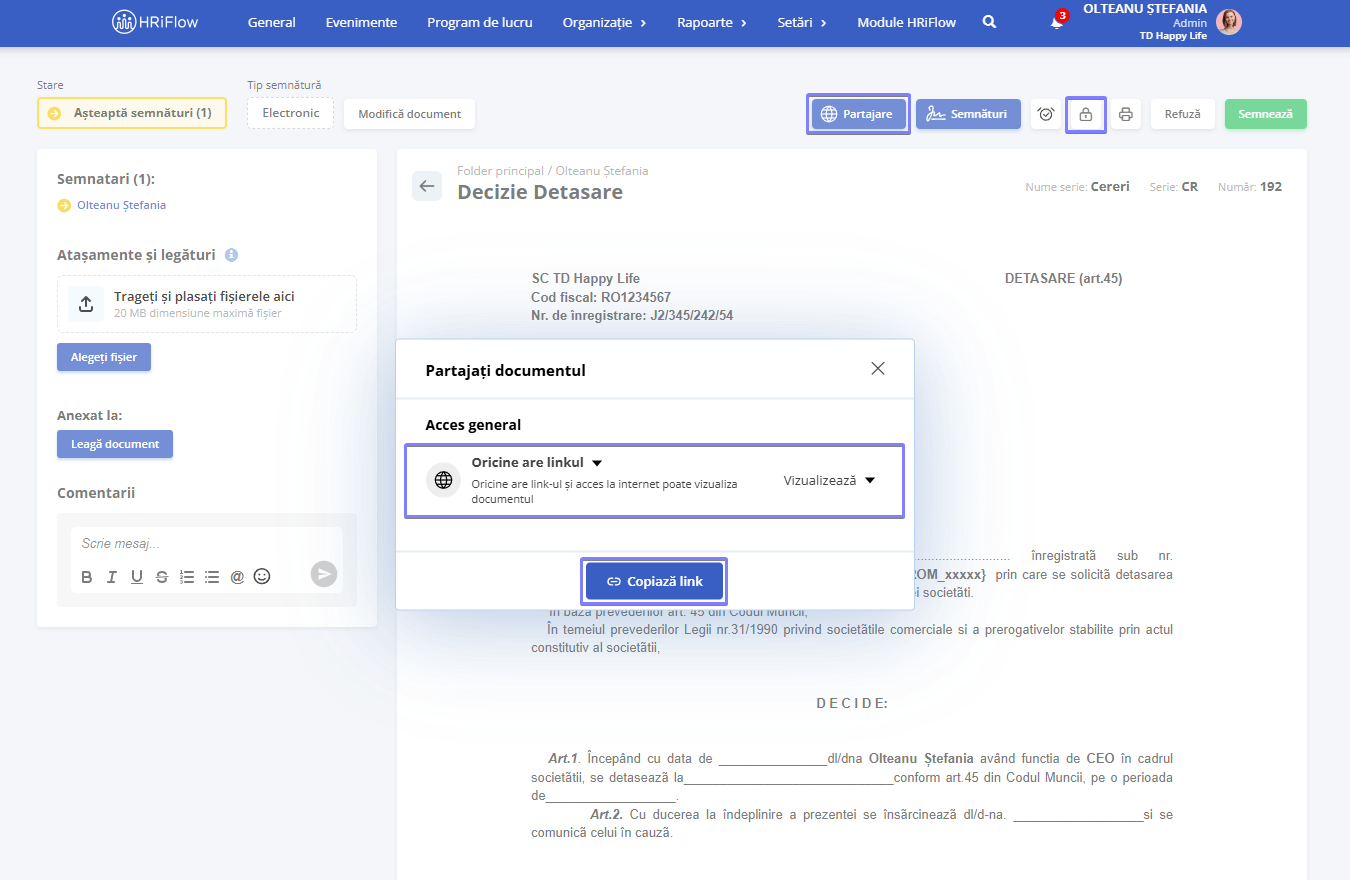 partajarea documentelor prin link în aplicația HRiFlow