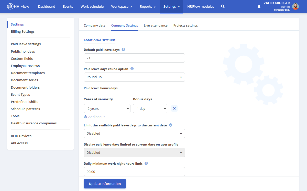 bonus paid leave days based on seniority feature in HRiFlow