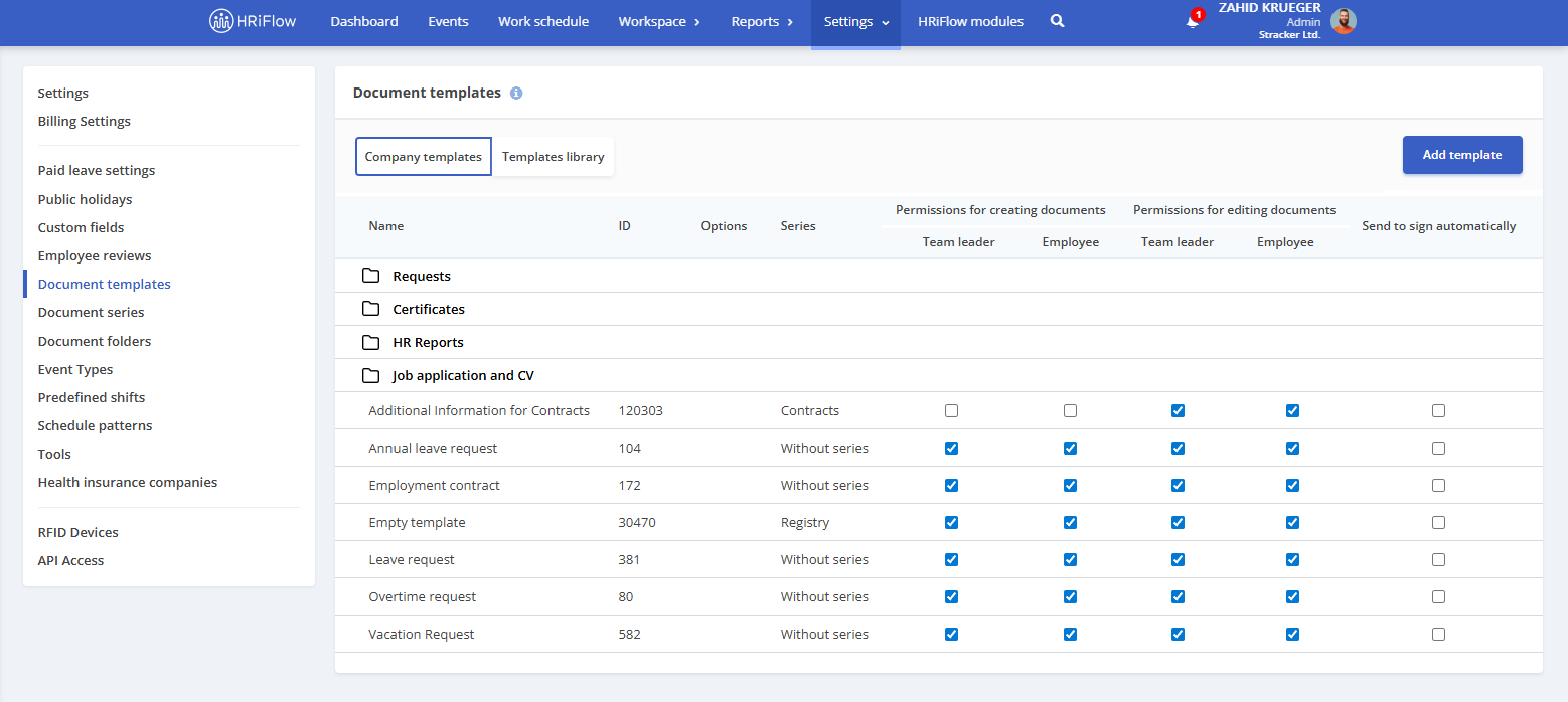 document templates in HRiFlow app