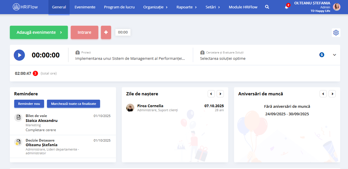 widget dedicat reminderelor în HRiFlow