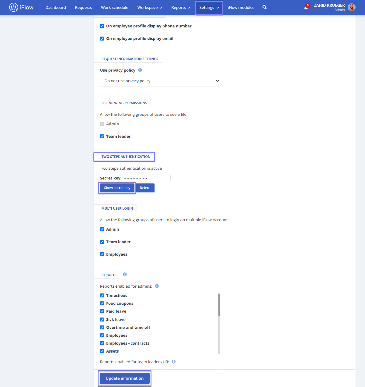 Image from the HRiFlow app illustrating how to enable 2fa at company level