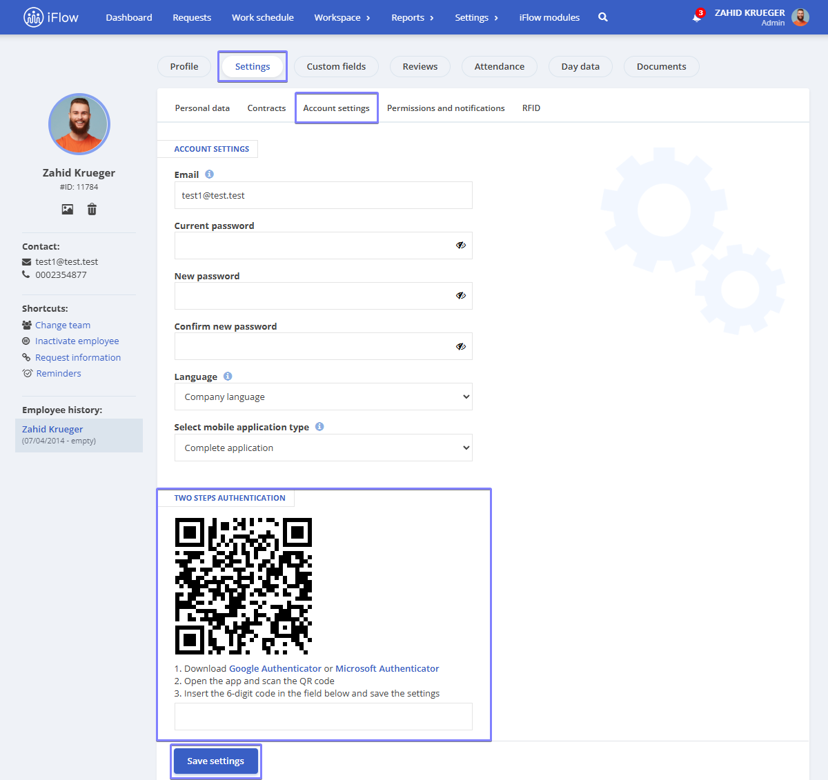 Image from the HRiFlow app illustrating how to enable 2fa at the employee level