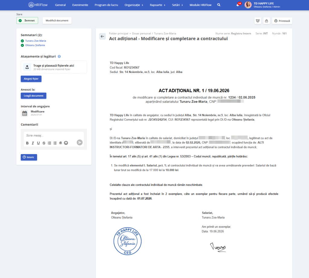 semnarea unui act adițional în aplicația de pontaj, HR și salarizare HRiFlow