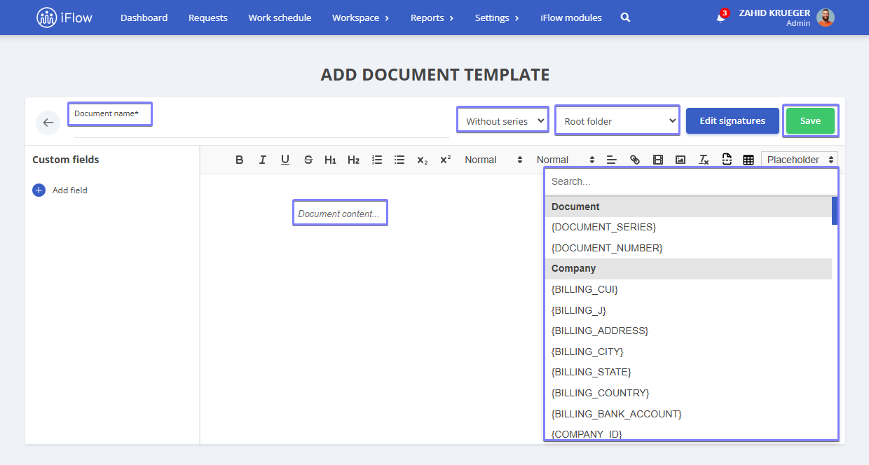 Picture illustrating how to create a document template in HRiFlow - step 2