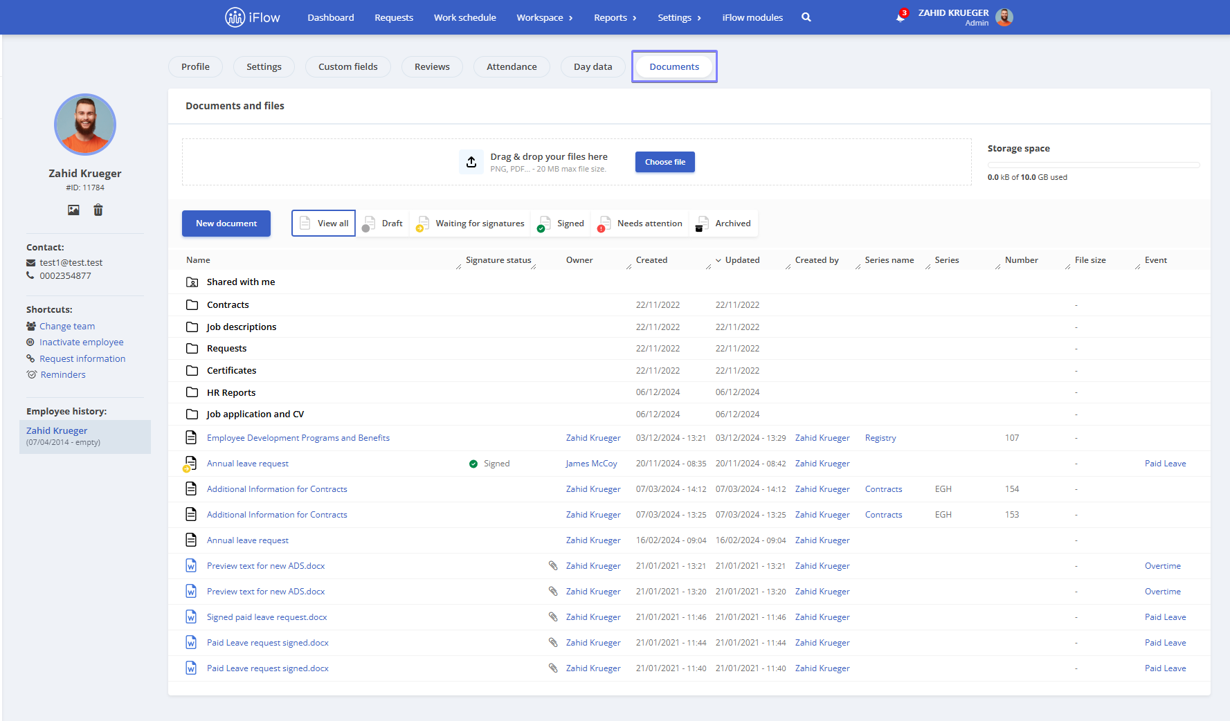 Image from the HRiFlow app illustrating how to access documents from an employee's profile