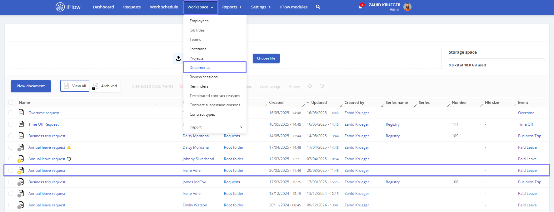 Image from the HRiFlow app illustrating how to add custom fields to a template - step 1 