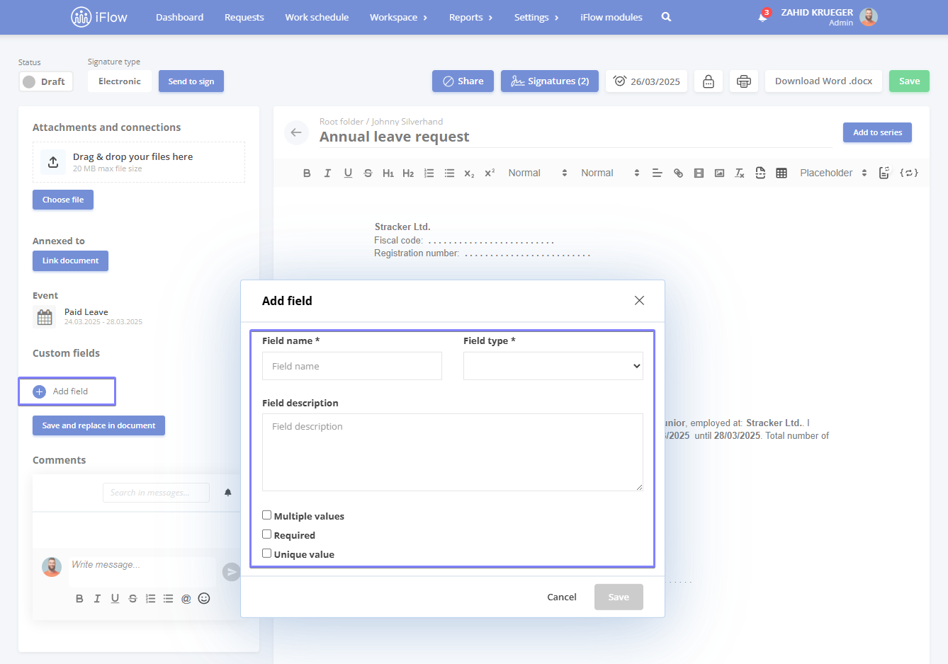 Image from the HRiFlow app illustrating how to add custom fields to a template - step 2