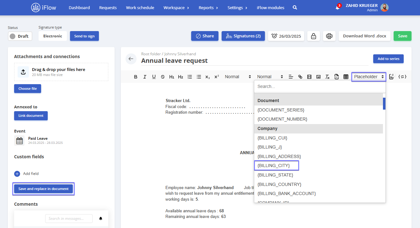 Image from the HRiFlow app illustrating how to add custom fields to a template - step 3