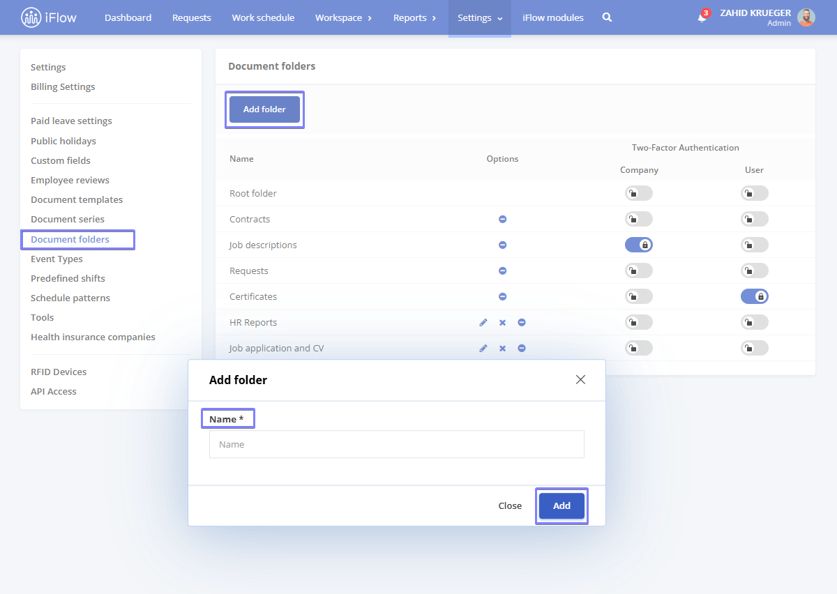 Image from the HRiFlow app illustrating how to create a document folder