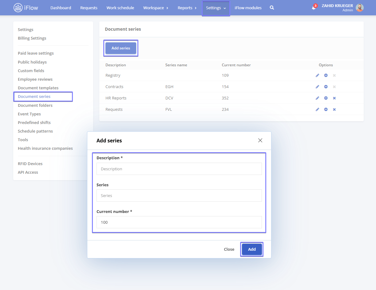 Image from the HRiFlow app illustrating how to create a document series