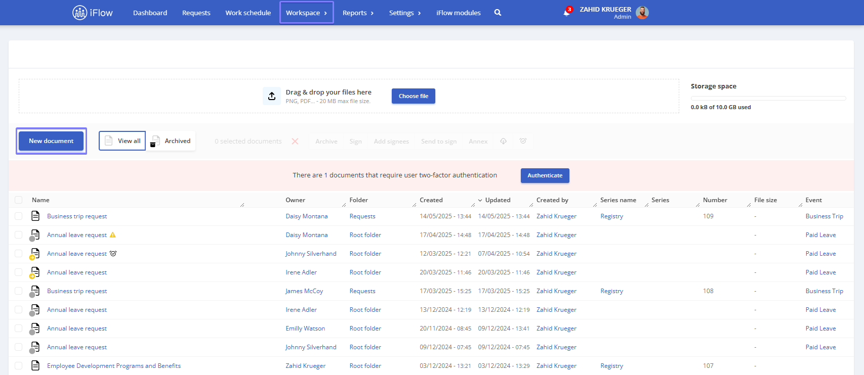 Image from the HRiFlow app illustrating how to create a new company level document - step 1