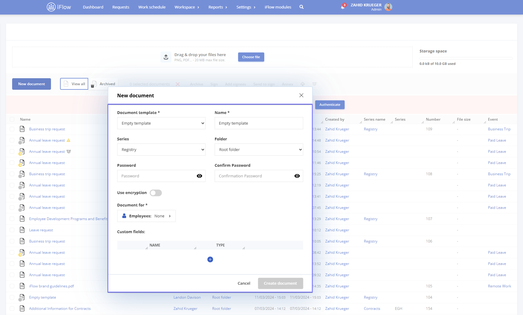 Image from the HRiFlow app illustrating how to create a new company level document - step 2