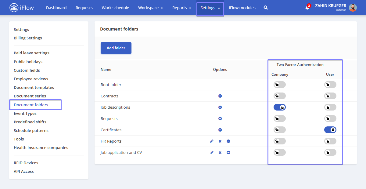 Image from the HRiFlow app illustrating how to enable 2fa