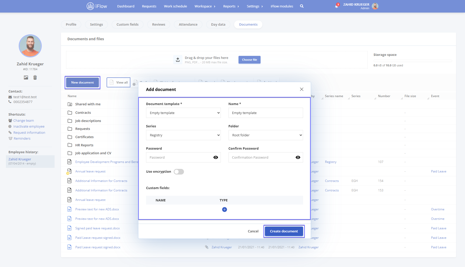 Image from the HRiFlow app illustrating how to generate a new ocument from an employee's profile