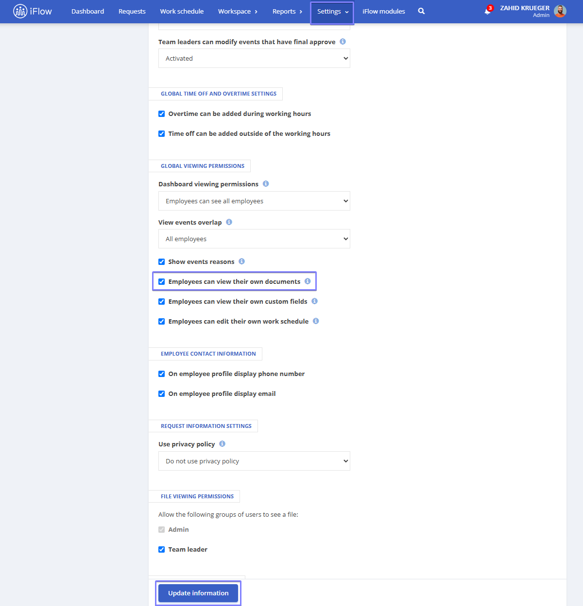 Image from the HRiFlow app illustrating how to grant employees permission to view documents